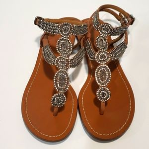 Tan Rhinestone Thong Sandals